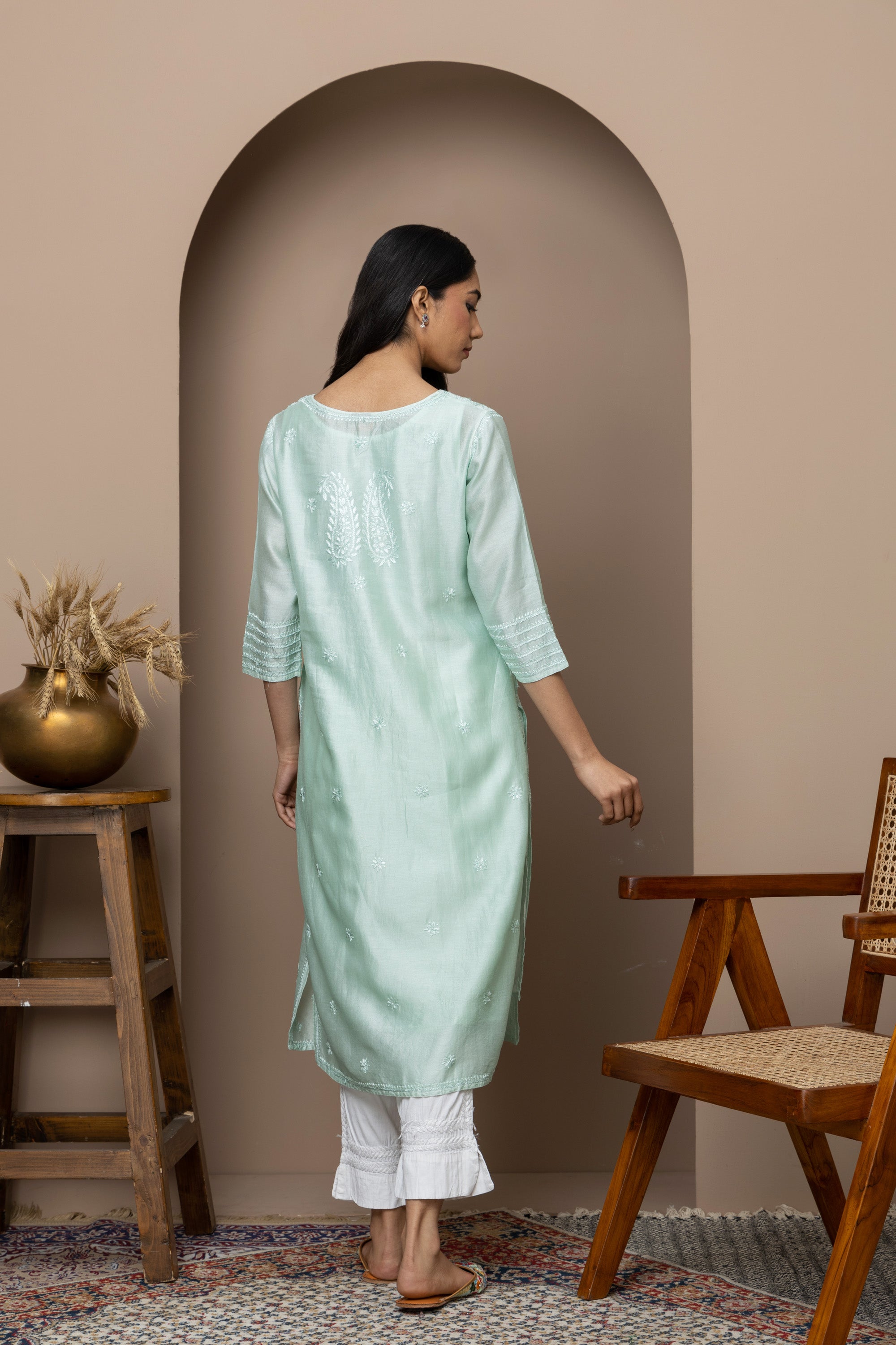 Sea Green Chanderi Silk Chikankari Kurti – Timeless Elegance