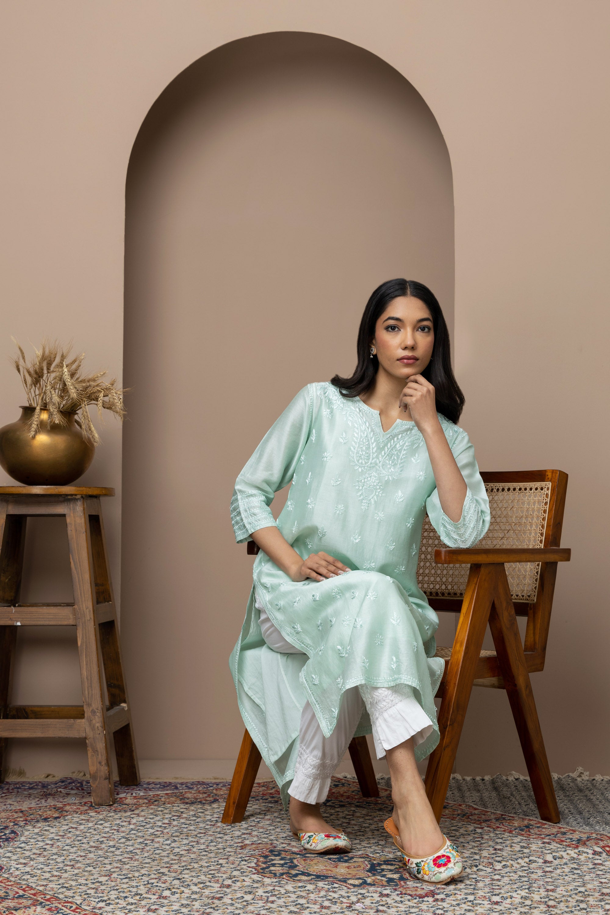 Sea Green Chanderi Silk Chikankari Kurti – Timeless Elegance