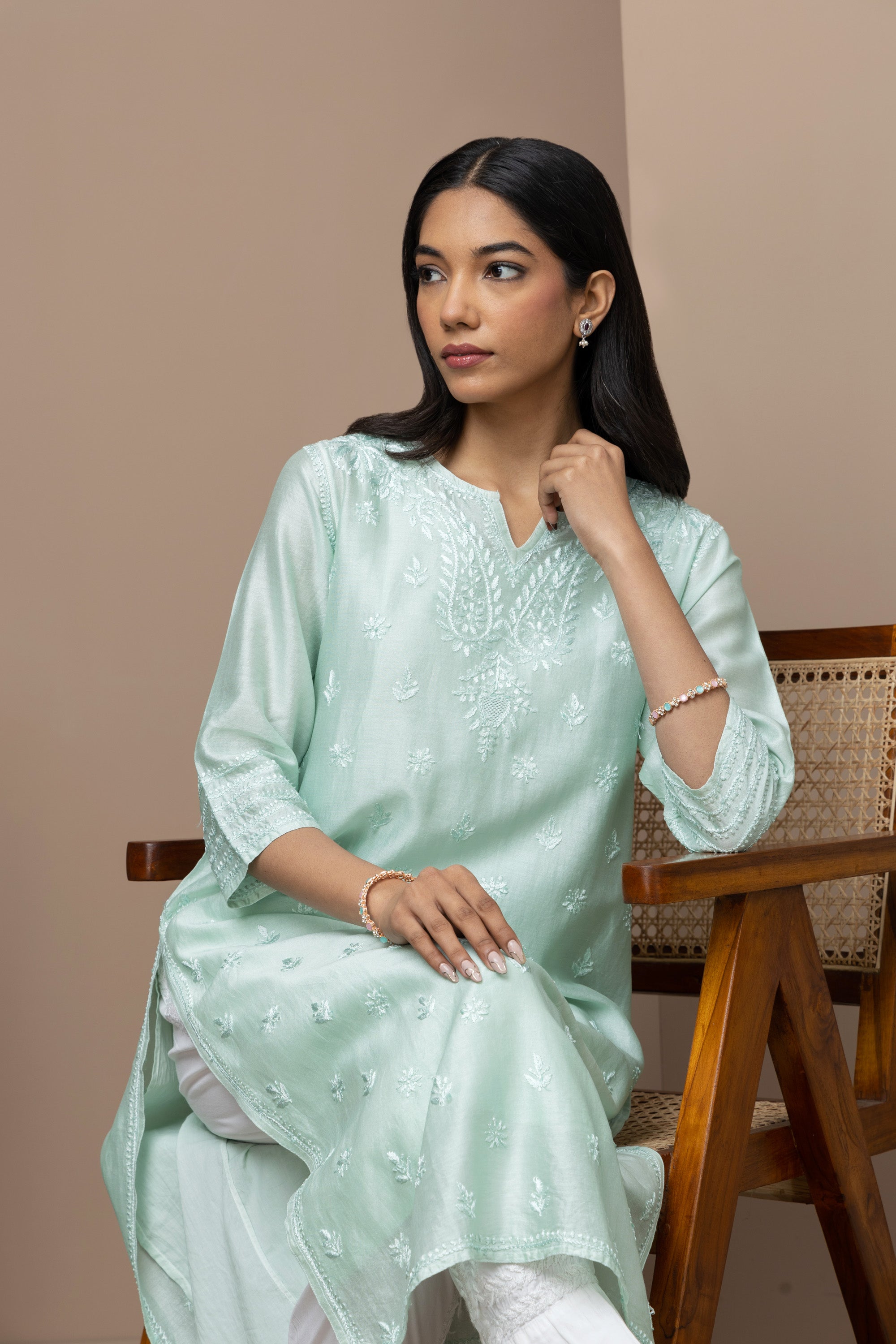 Sea Green Chanderi Silk Chikankari Kurti – Timeless Elegance