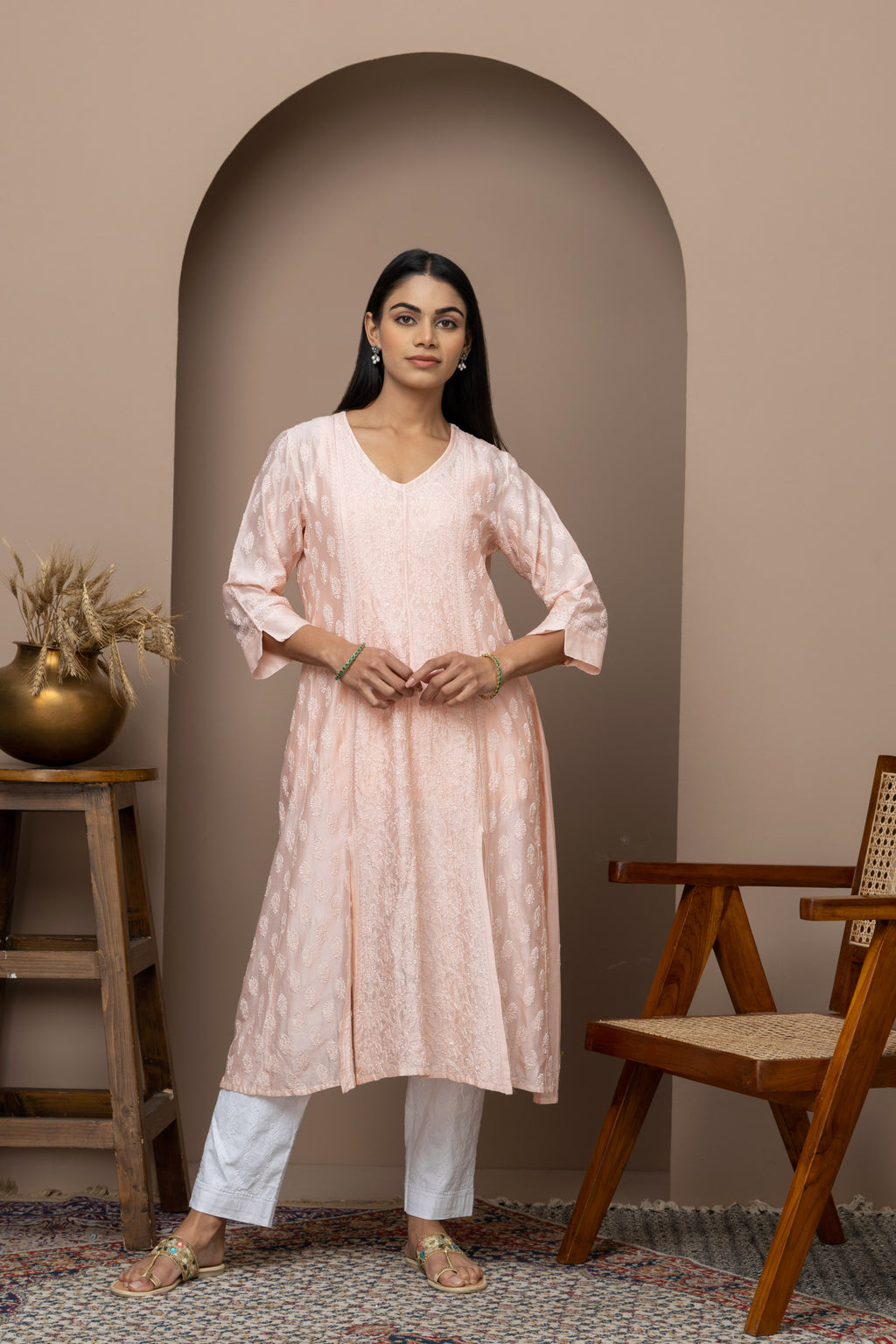 Peach Chanderi A-Line Stitched Anarkali with Slip & Chikankari – Timeless Grace