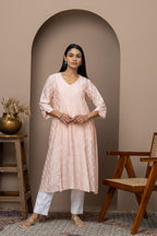 Peach Chanderi A-Line Stitched Anarkali with Slip & Chikankari – Timeless Grace