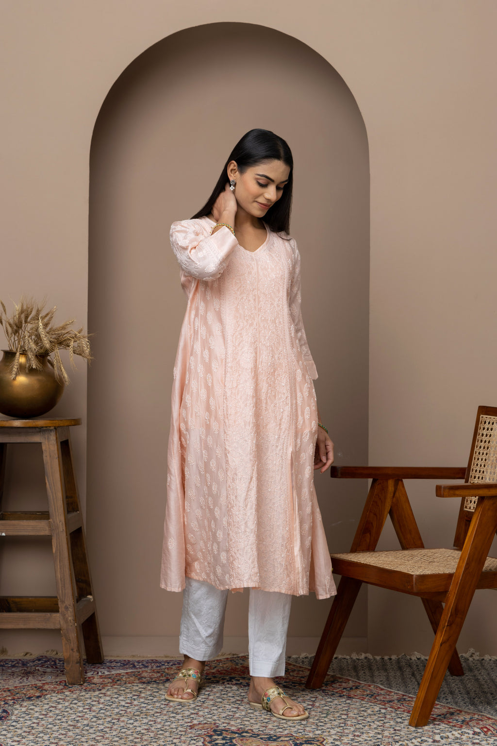 Peach Chanderi A-Line Stitched Anarkali with Slip & Chikankari – Timeless Grace