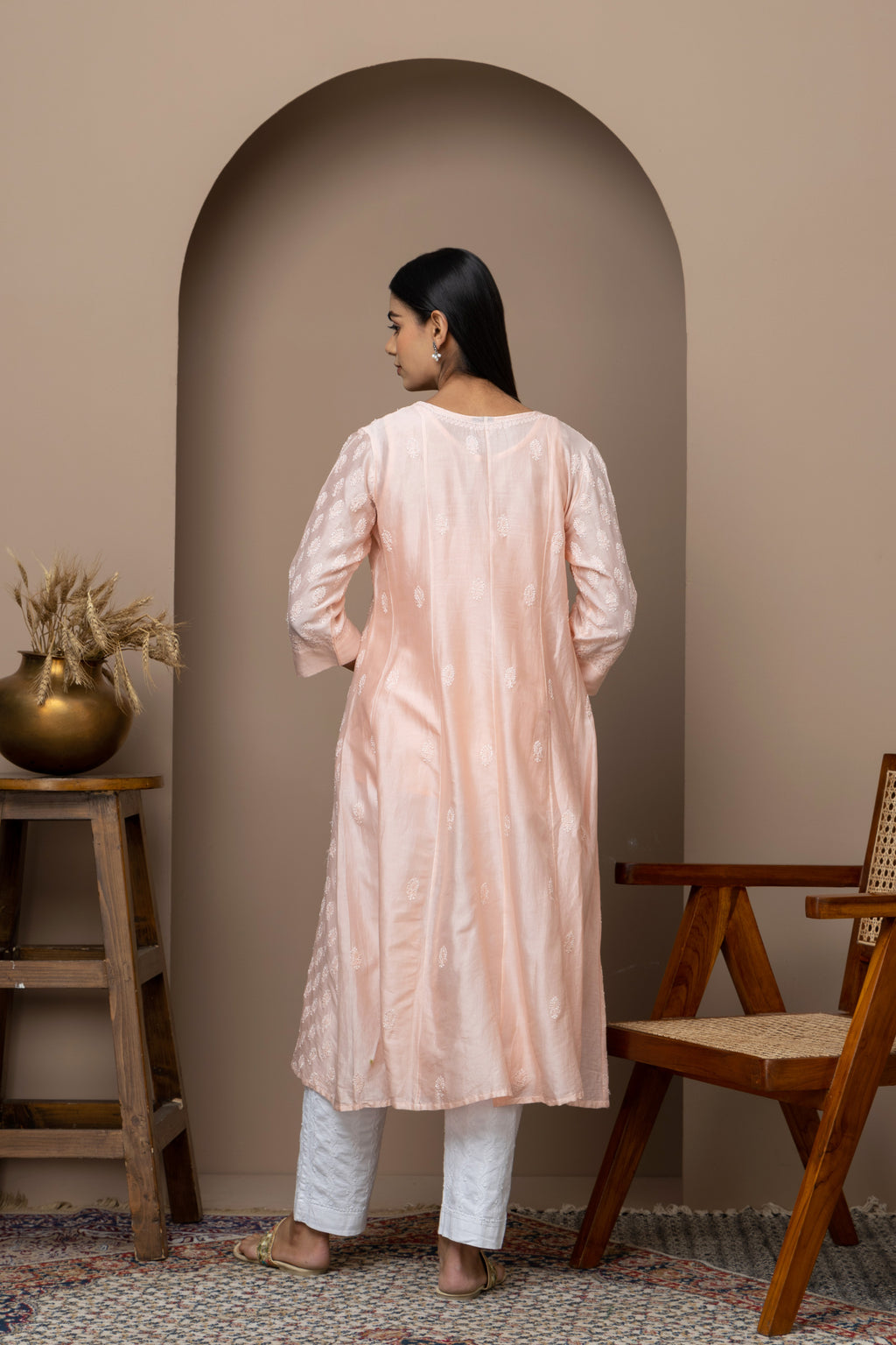 Peach Chanderi A-Line Stitched Anarkali with Slip & Chikankari – Timeless Grace