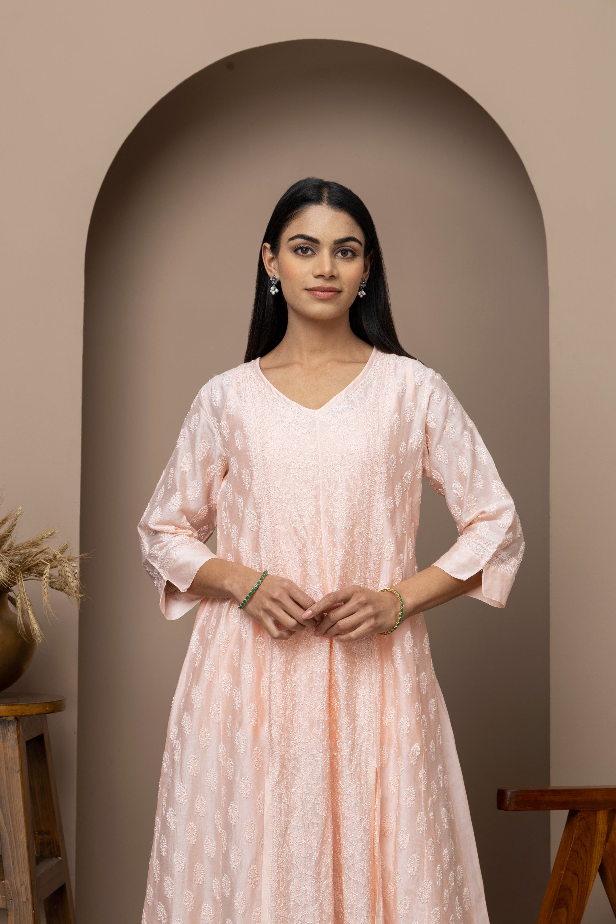 Peach Chanderi A-Line Stitched Anarkali with Slip & Chikankari – Timeless Grace