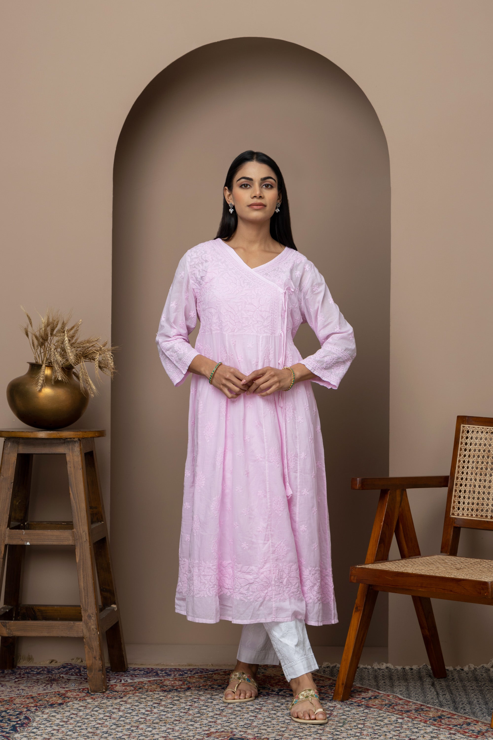 Pink Cotton Angrakha Anarkali Kurti with Chikankari Embroidery | Elegant Ethnic Wear for Women