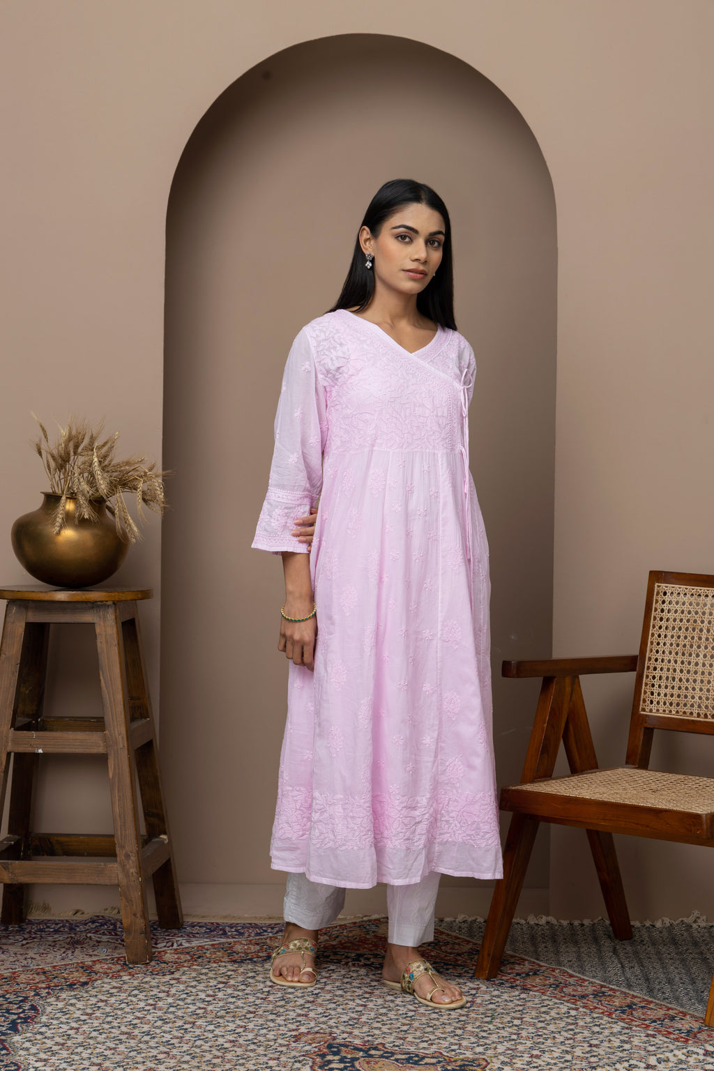 Pink Cotton Angrakha Anarkali Kurti with Chikankari Embroidery | Elegant Ethnic Wear for Women