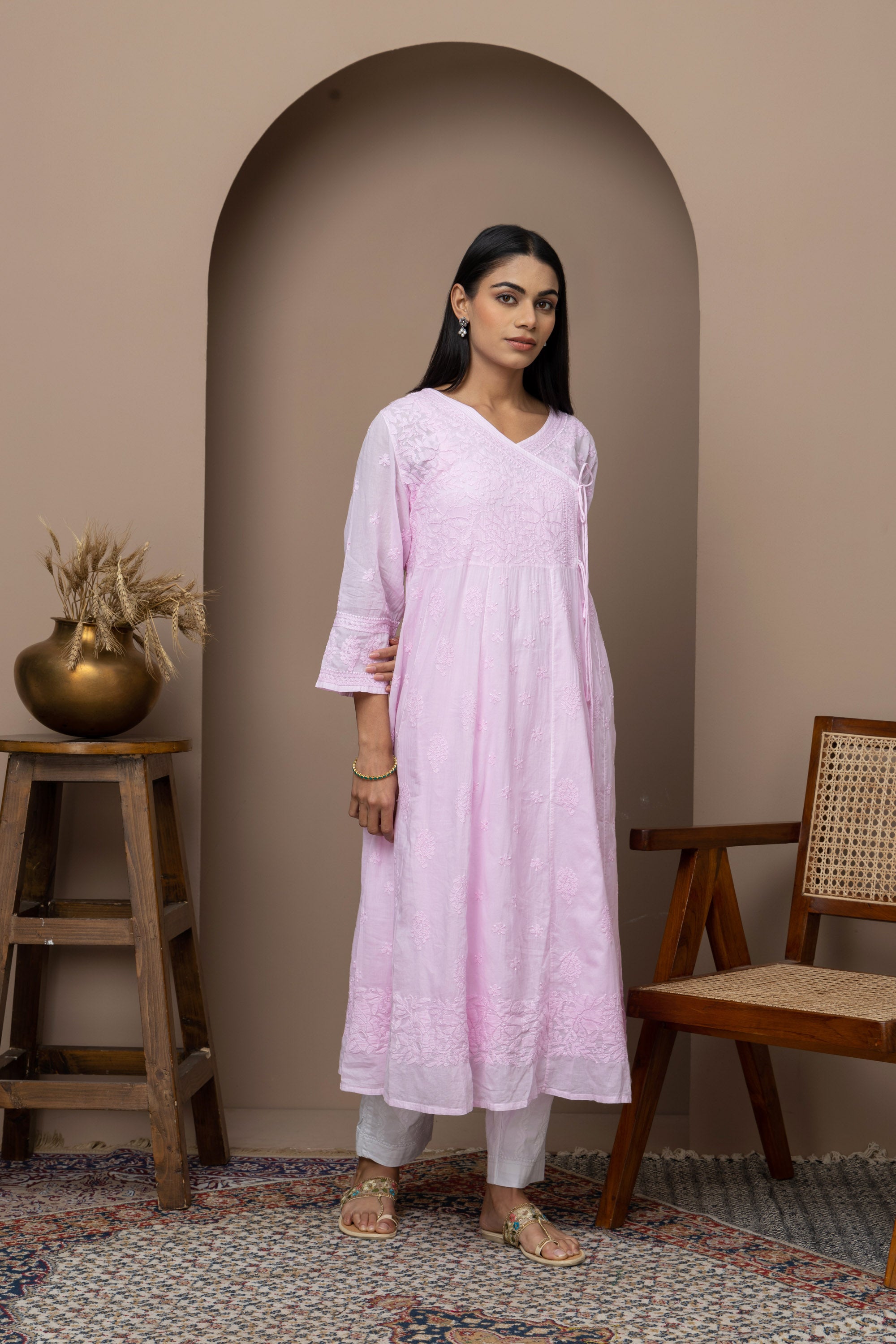 Pink Cotton Angrakha Anarkali Kurti with Chikankari Embroidery | Elegant Ethnic Wear for Women