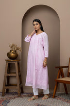 Pink Cotton Angrakha Anarkali Kurti with Chikankari Embroidery | Elegant Ethnic Wear for Women