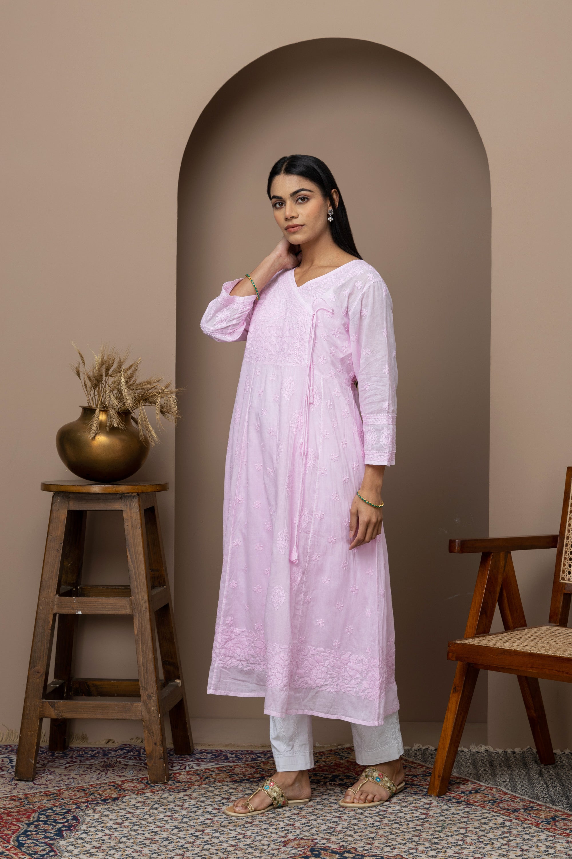 Pink Cotton Angrakha Anarkali Kurti with Chikankari Embroidery | Elegant Ethnic Wear for Women