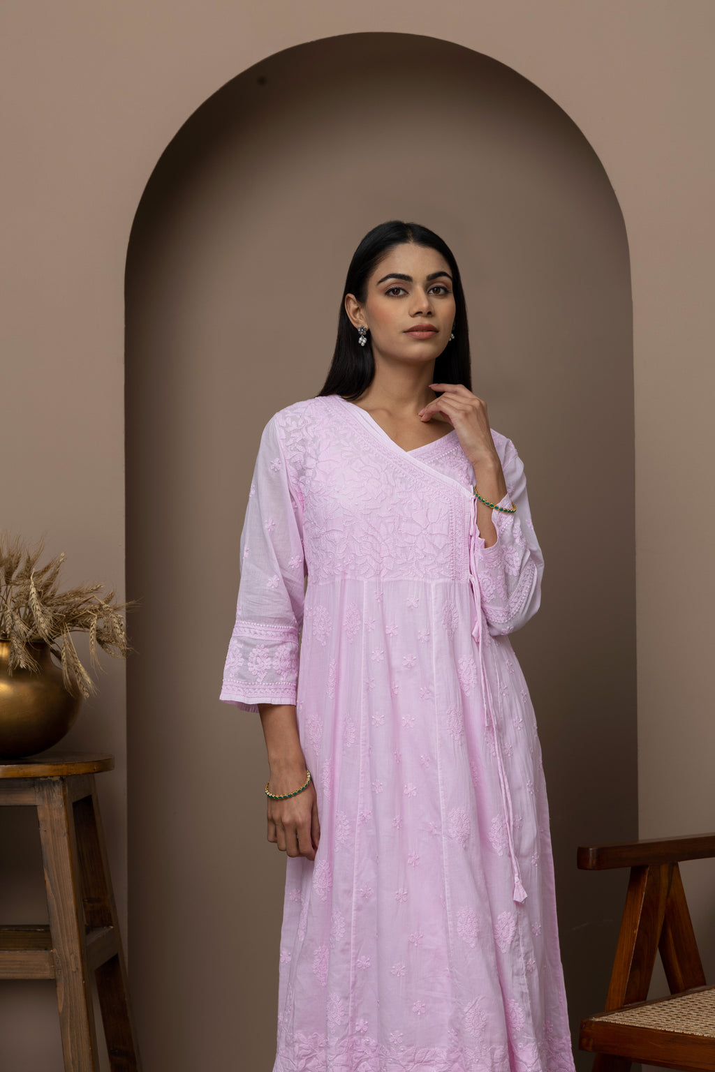 Pink Cotton Angrakha Anarkali Kurti with Chikankari Embroidery | Elegant Ethnic Wear for Women