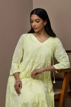 yellow Cotton Chikankari Angrakha Kurti – Graceful Heritage