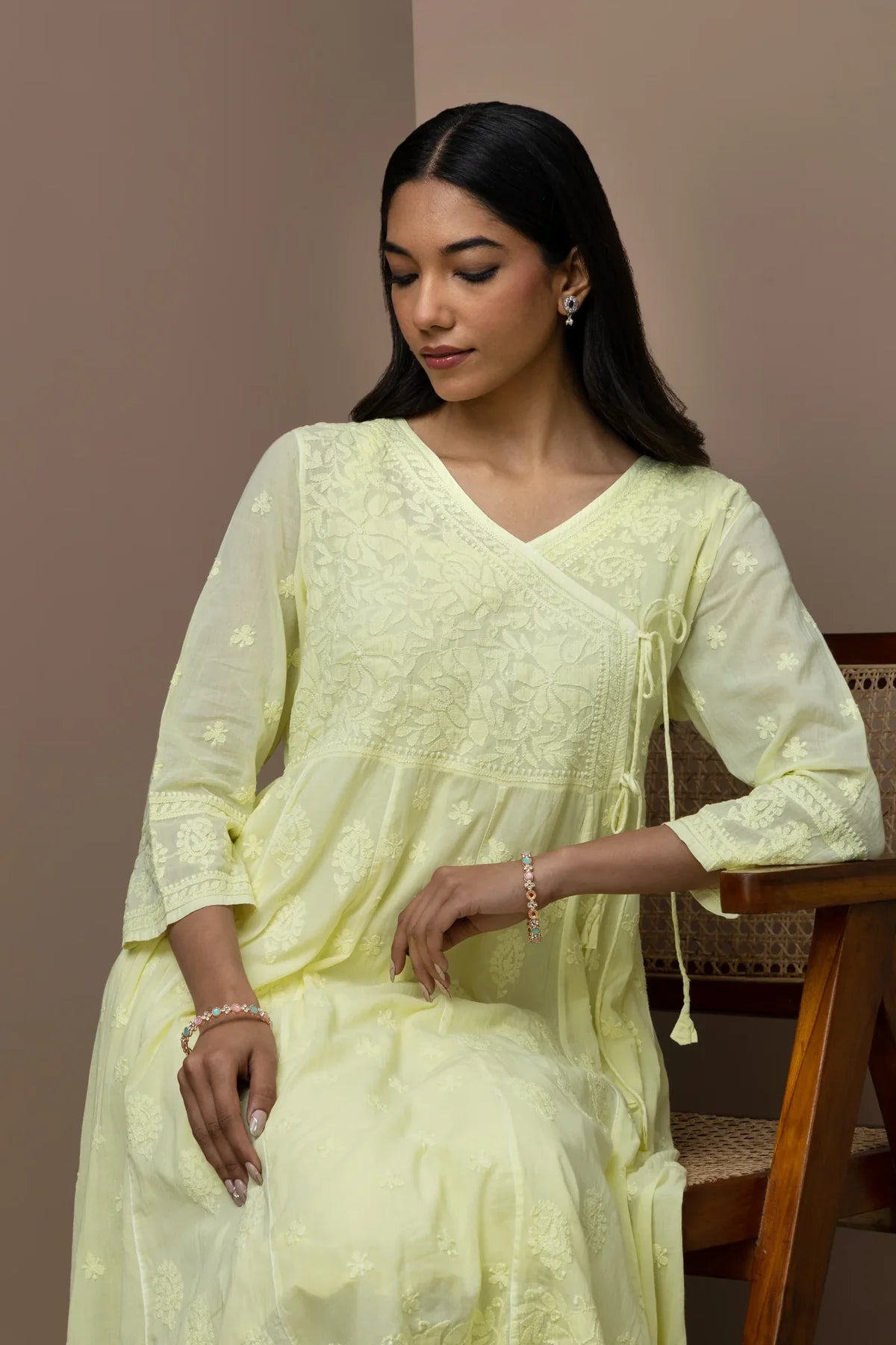yellow Cotton Chikankari Angrakha Kurti – Graceful Heritage