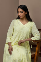 yellow Cotton Chikankari Angrakha Kurti – Graceful Heritage