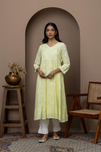 yellow Cotton Chikankari Angrakha Kurti – Graceful Heritage