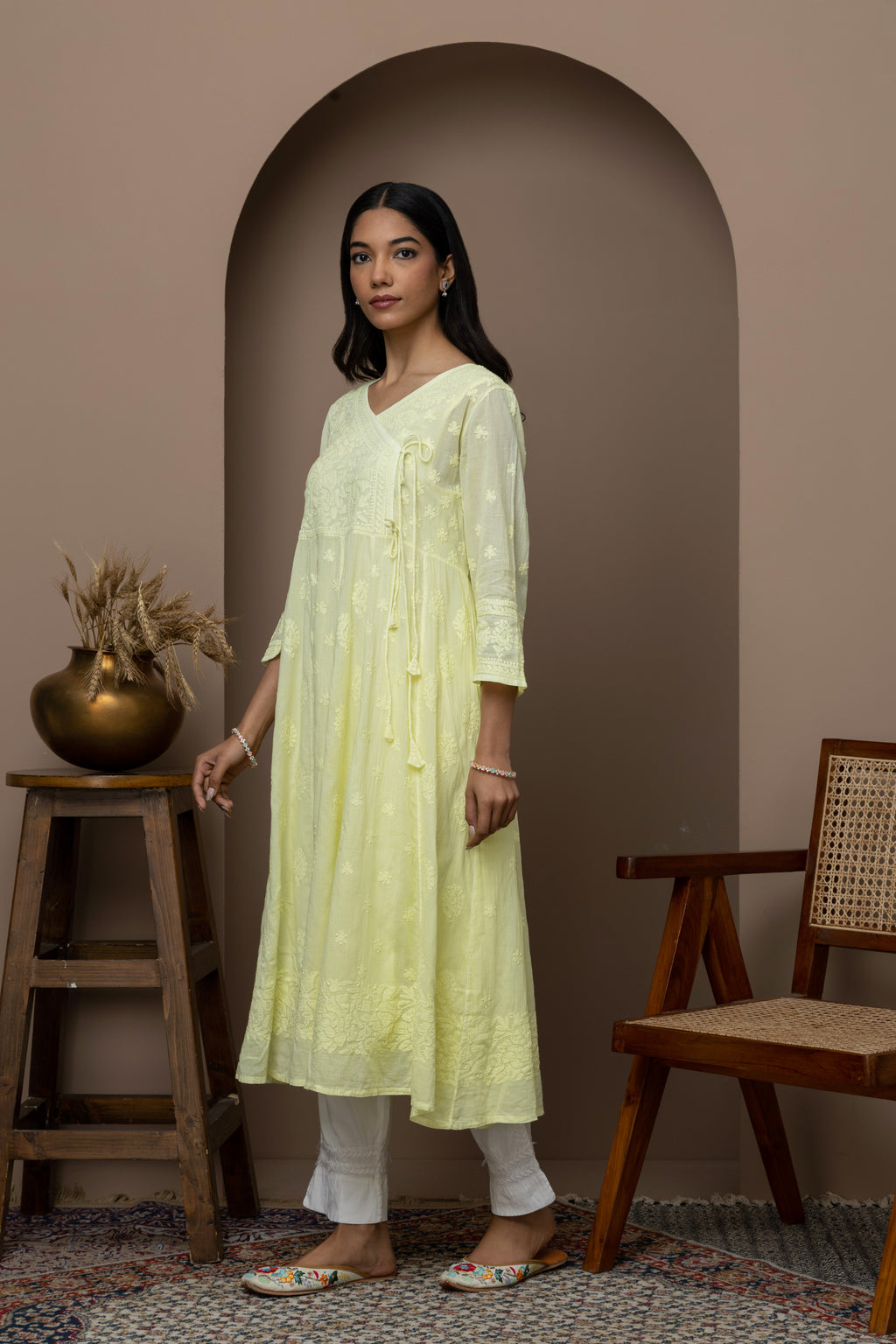 yellow Cotton Chikankari Angrakha Kurti – Graceful Heritage