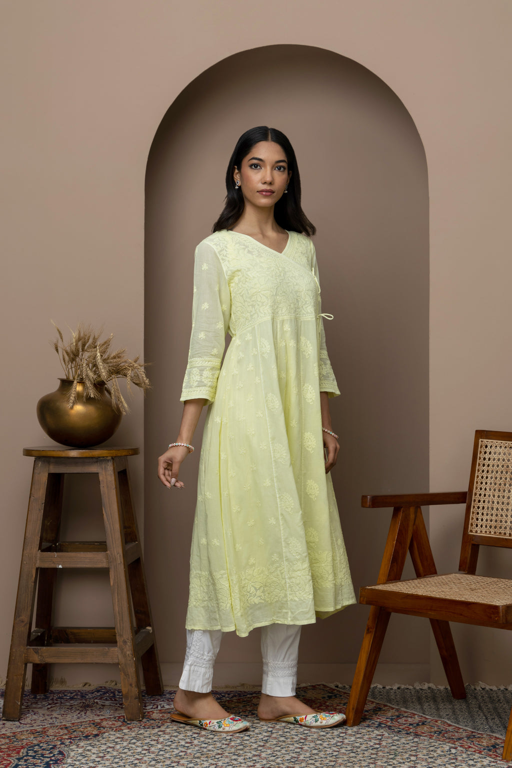 yellow Cotton Chikankari Angrakha Kurti – Graceful Heritage
