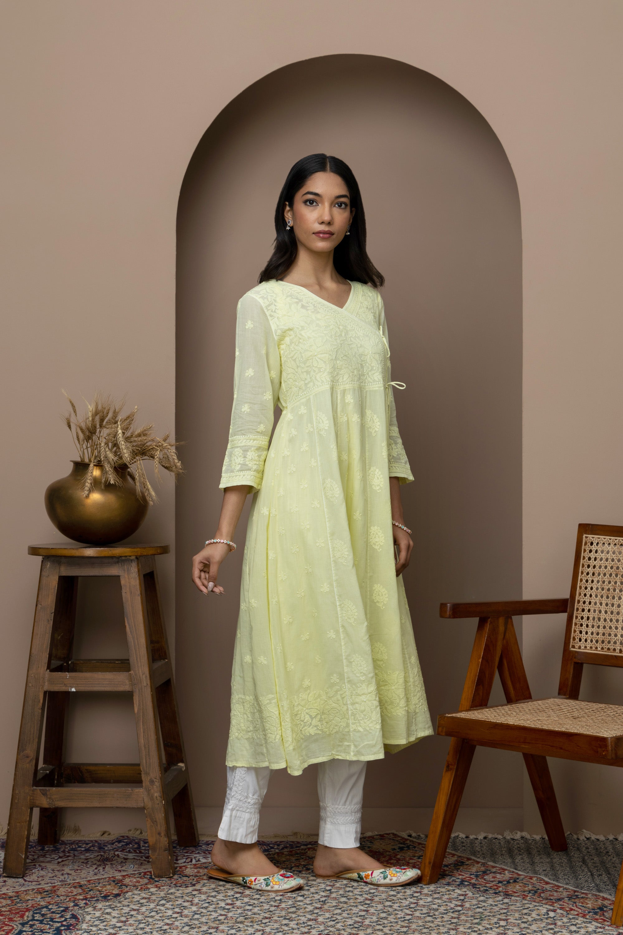 yellow Cotton Chikankari Angrakha Kurti – Graceful Heritage