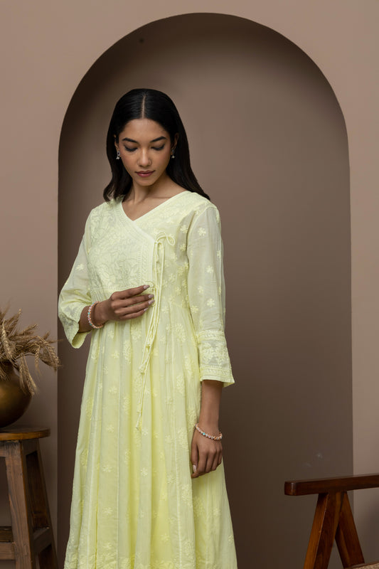 yellow Cotton Chikankari Angrakha Kurti – Graceful Heritage