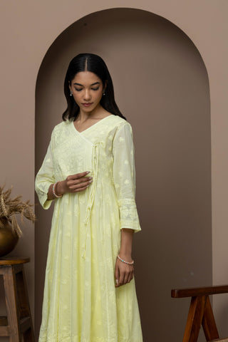 yellow Cotton Chikankari Angrakha Kurti – Graceful Heritage