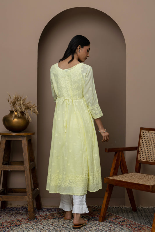 yellow Cotton Chikankari Angrakha Kurti – Graceful Heritage