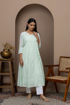 Green Cotton Chikankari Angrakha Kurti