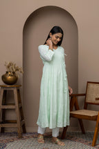Green Cotton Chikankari Angrakha Kurti