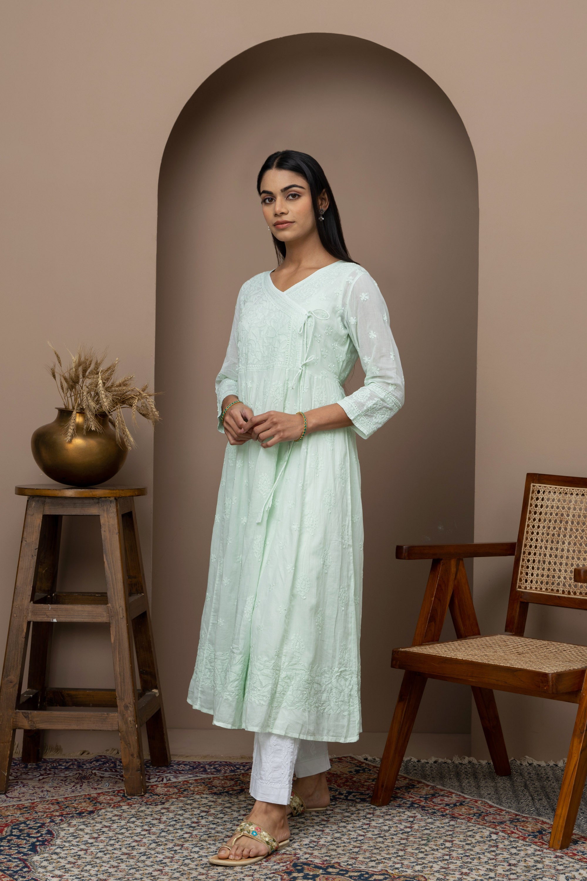 Green Cotton Chikankari Angrakha Kurti