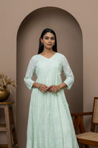 Green Cotton Chikankari Angrakha Kurti
