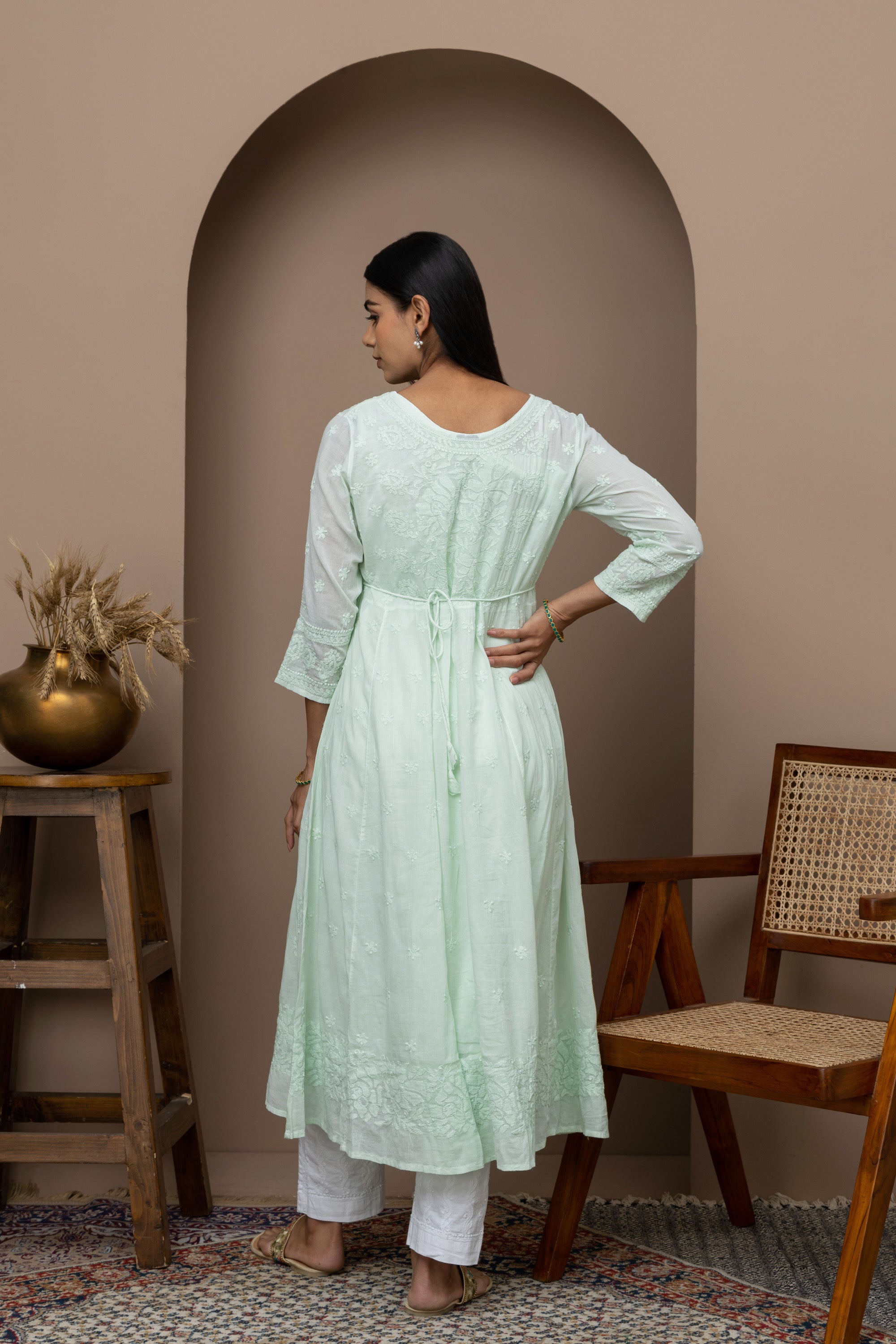 Green Cotton Chikankari Angrakha Kurti