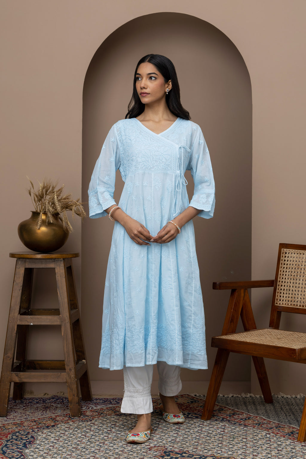 Blue Cotton Chikankari Angrakha Kurti – Classic Grace