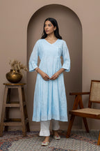 Blue Cotton Chikankari Angrakha Kurti – Classic Grace