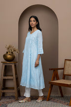 Blue Cotton Chikankari Angrakha Kurti – Classic Grace