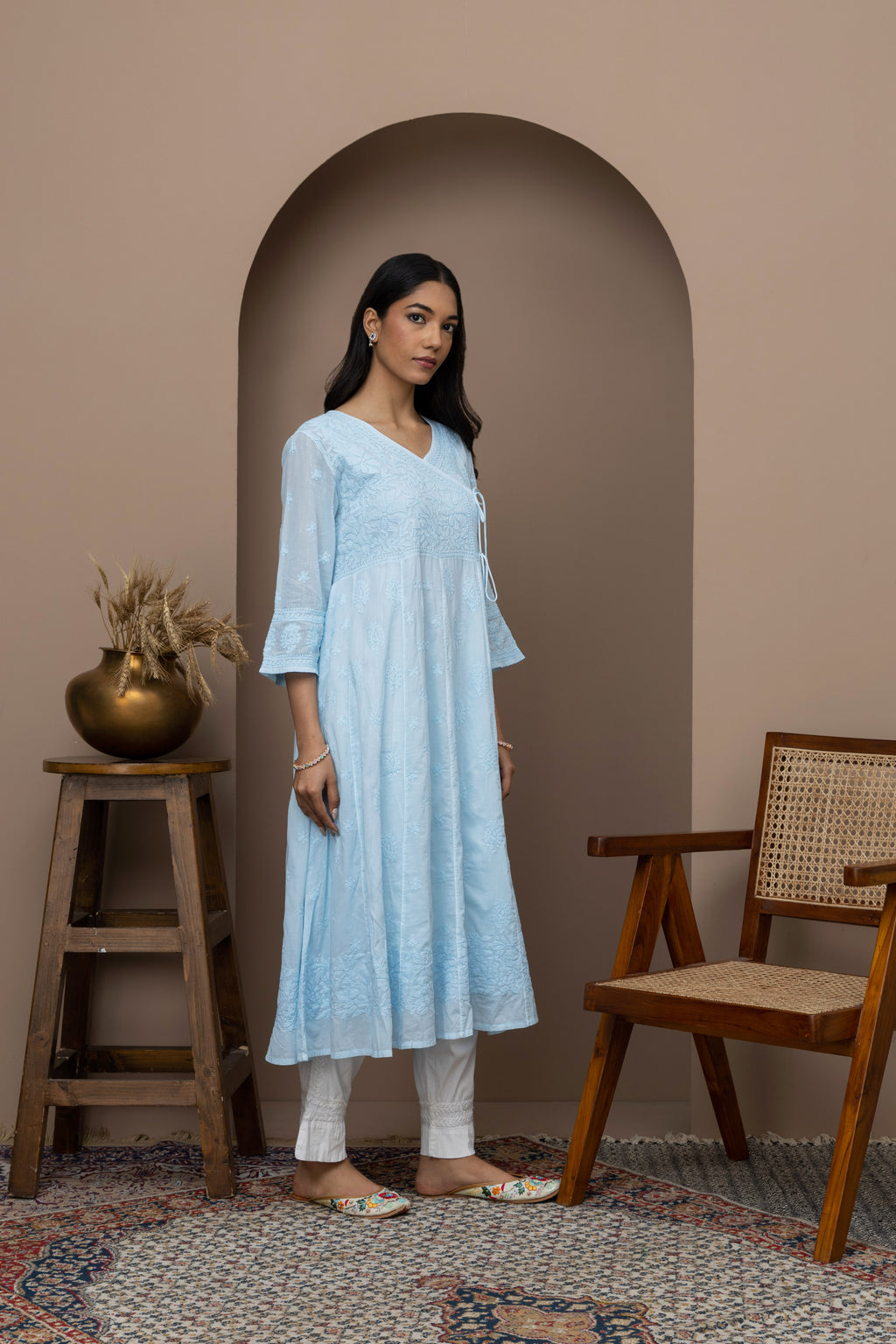Blue Cotton Chikankari Angrakha Kurti – Classic Grace