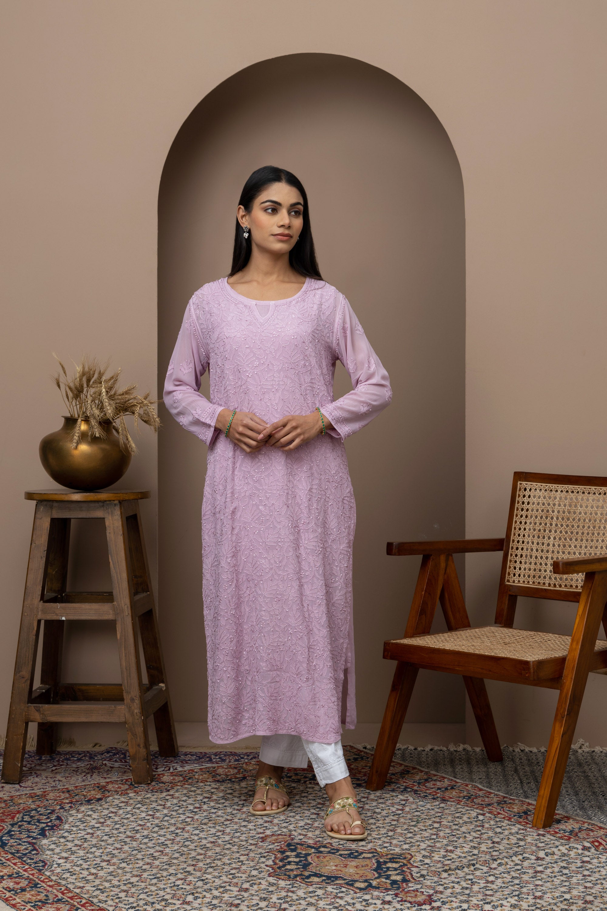 Purple Georgette Full Jaal Chikankari Kurti with Slip