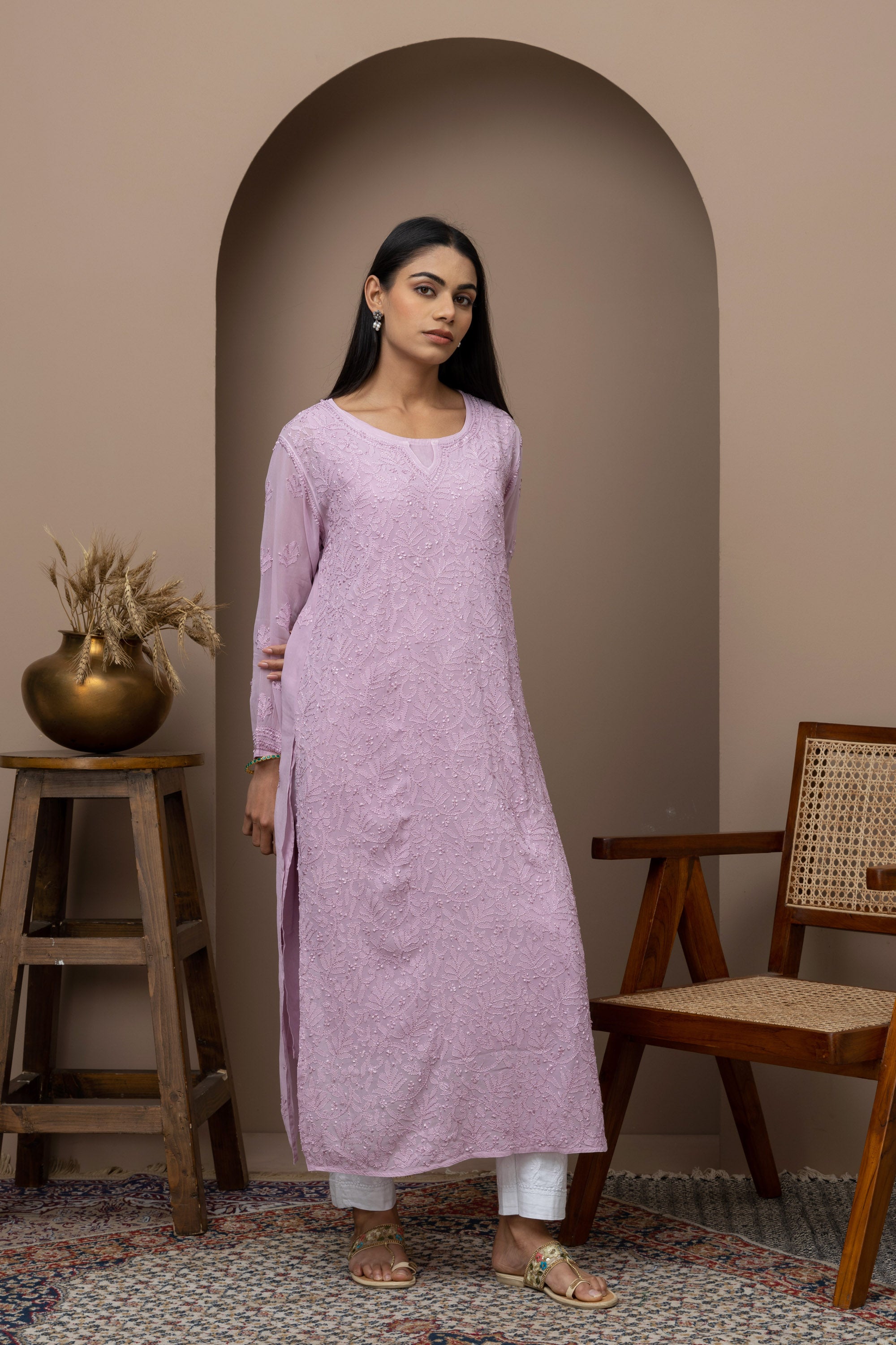 Purple Georgette Full Jaal Chikankari Kurti with Slip