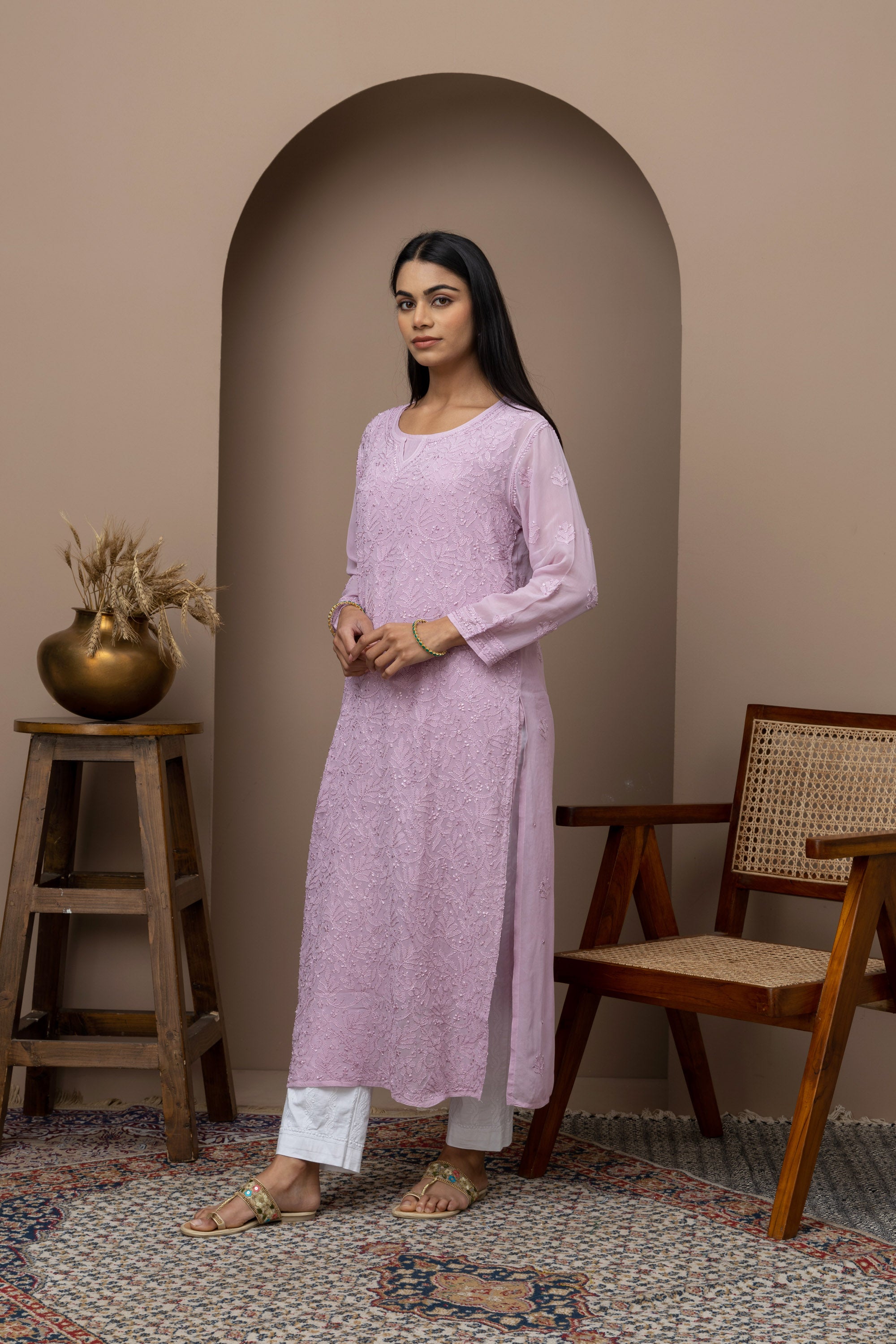 Purple Georgette Full Jaal Chikankari Kurti with Slip
