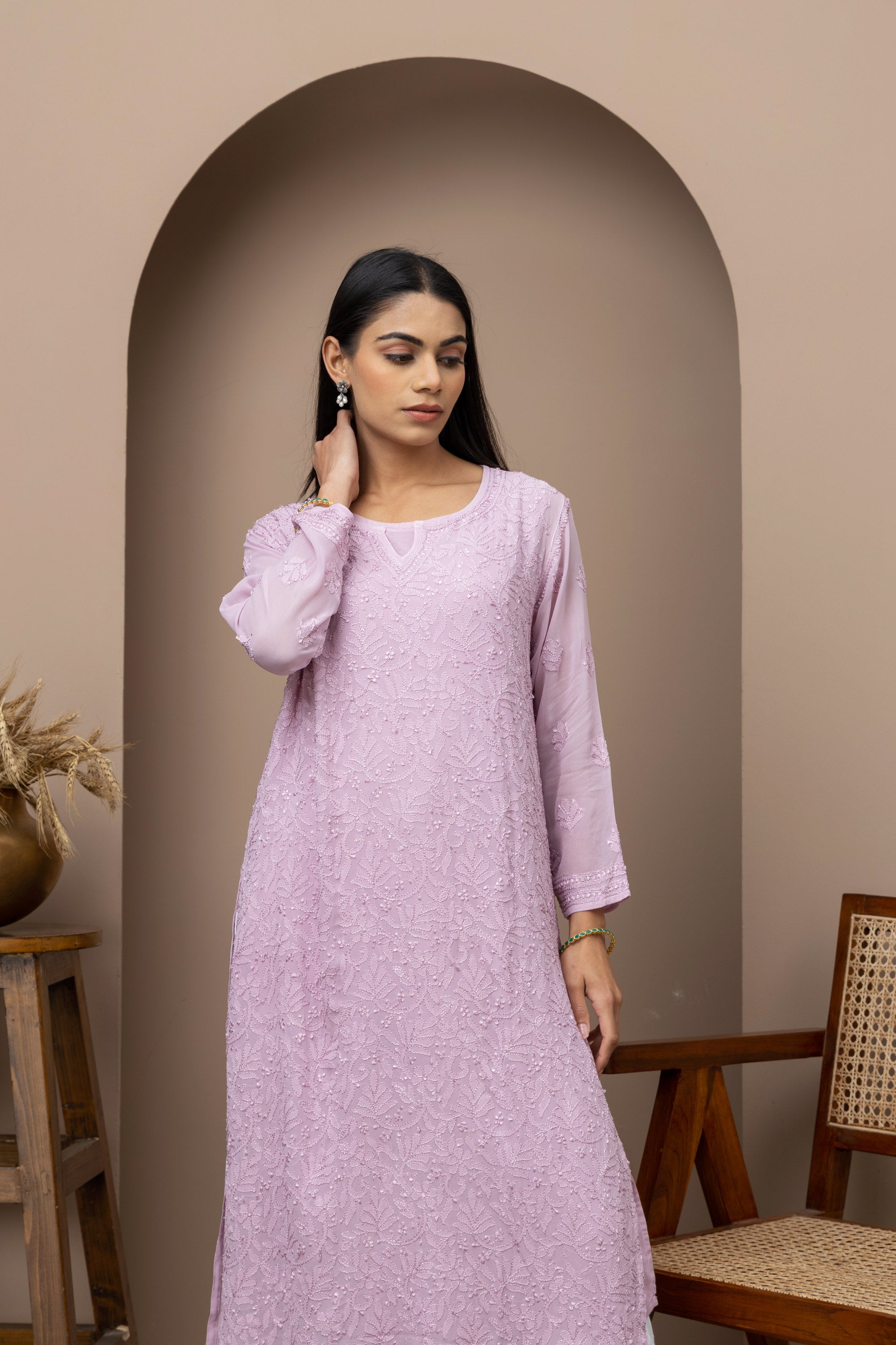 Purple Georgette Full Jaal Chikankari Kurti with Slip
