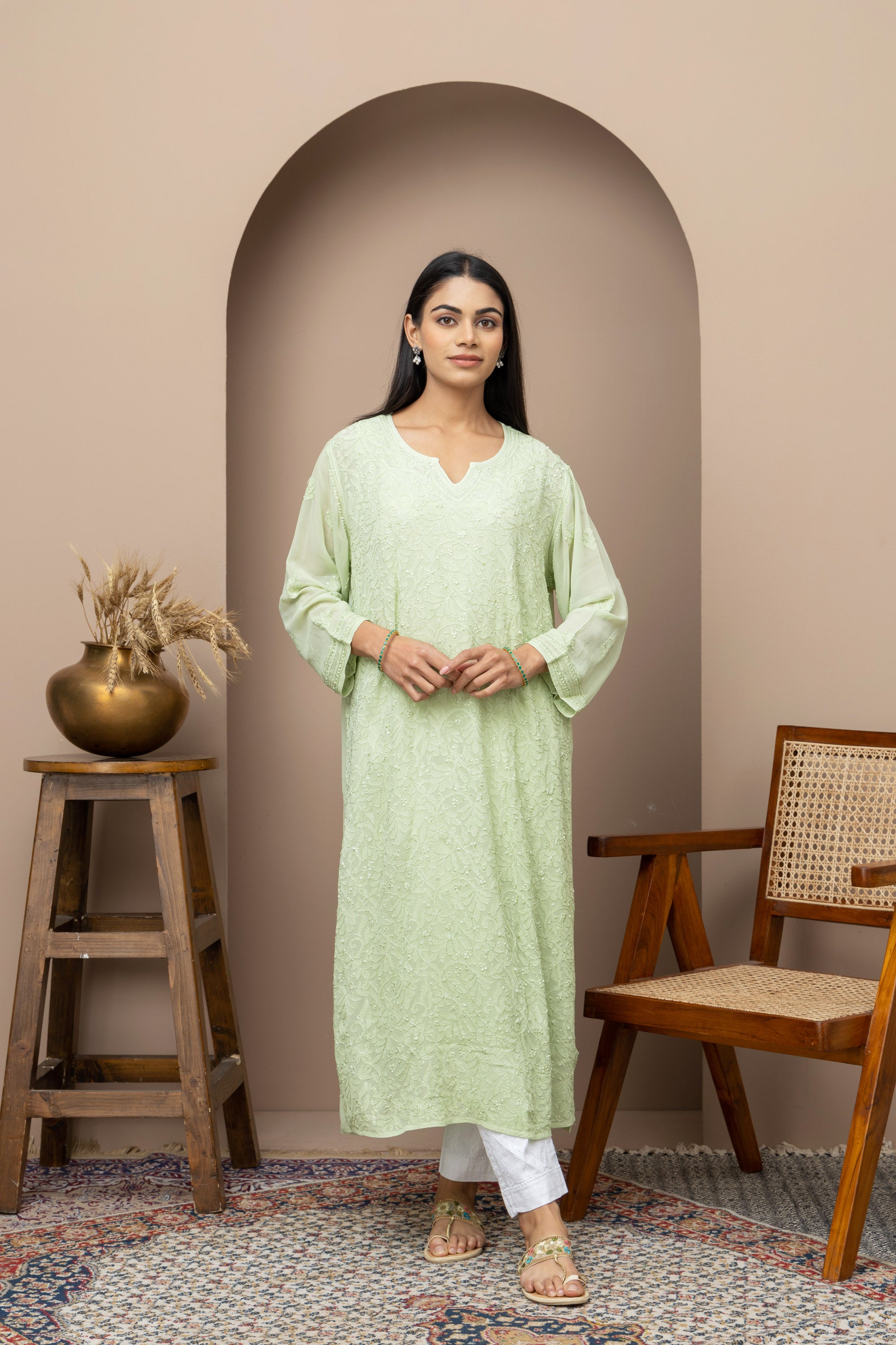 Green Georgette Full Jaal Kurti with Slip – Elegant & Flowing