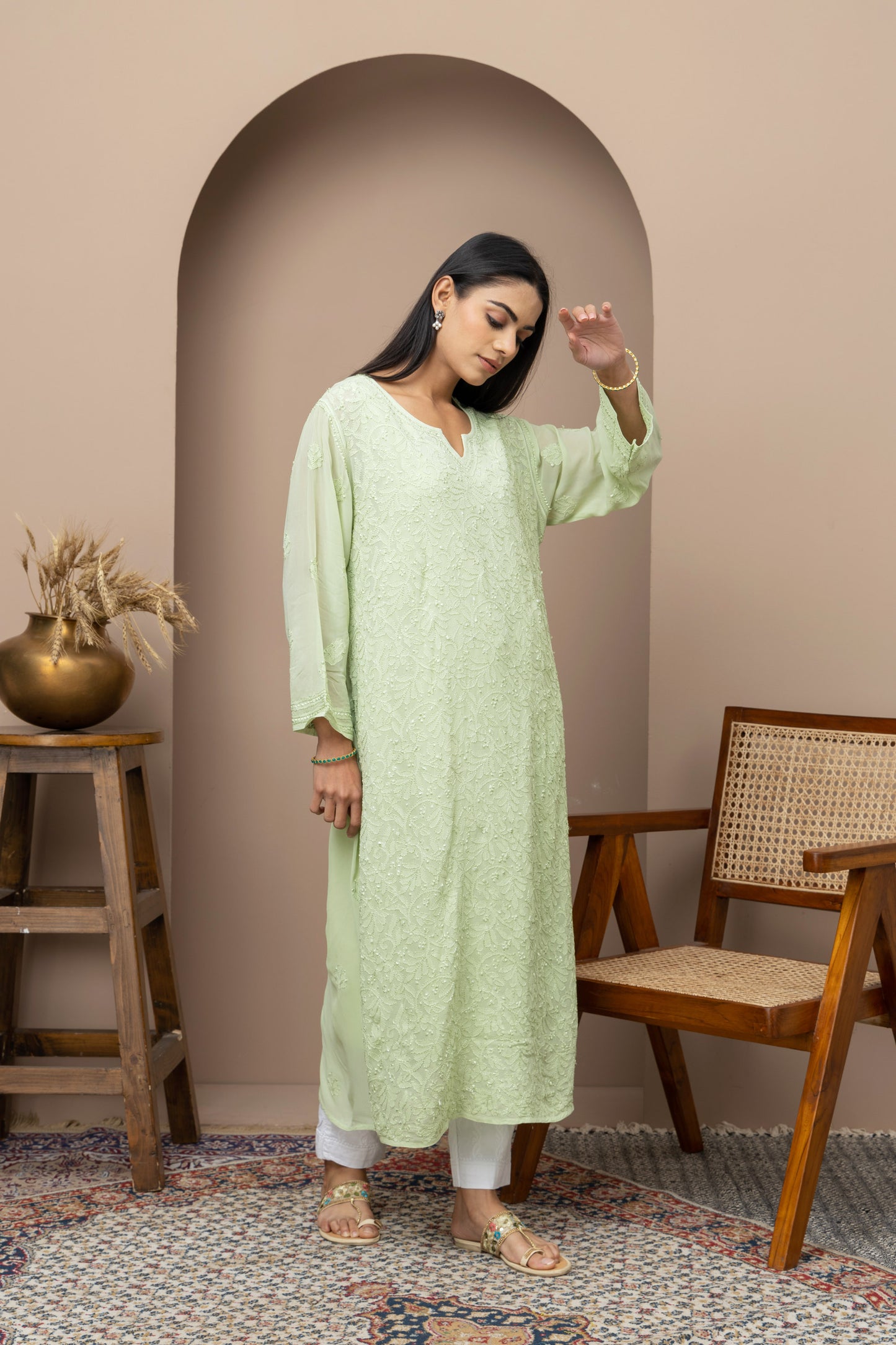 Green Georgette Full Jaal Kurti With Slip