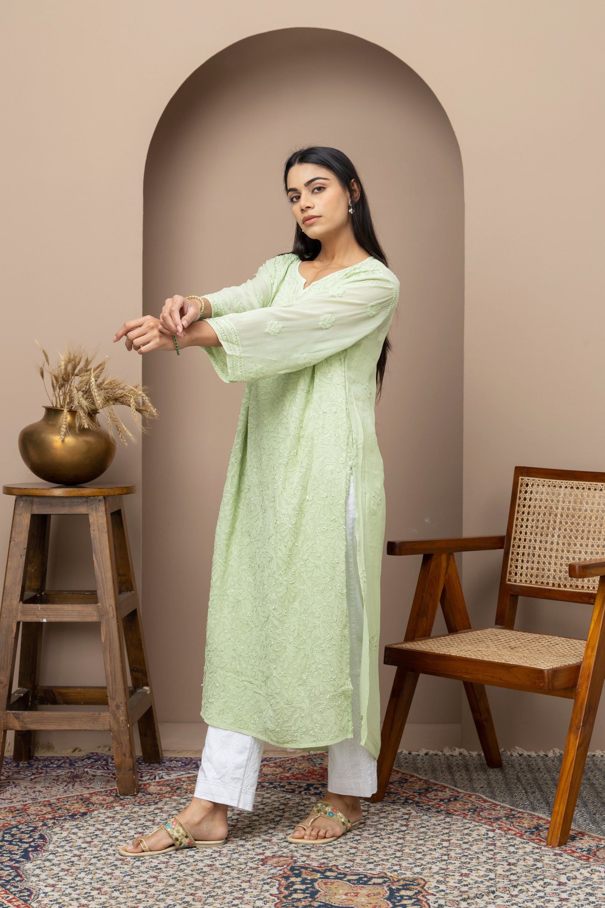 Green Georgette Full Jaal Kurti with Slip – Elegant & Flowing