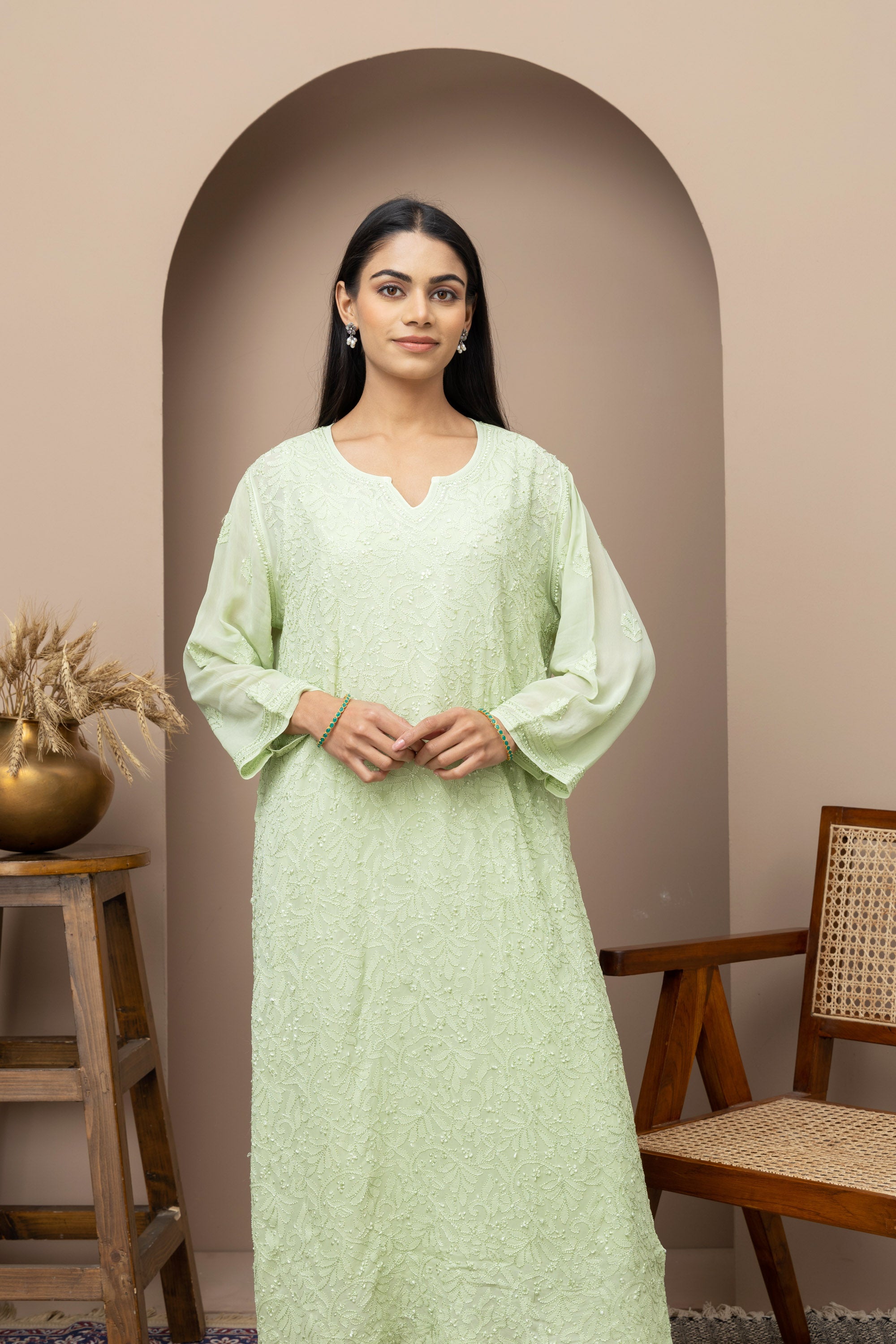 Green Georgette Full Jaal Kurti with Slip – Elegant & Flowing
