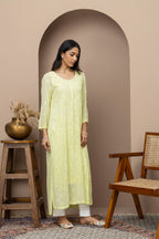 Elegant Green Loop Kurti with Chikankari Detailing – Stylish Long Ethnic Wear for Women