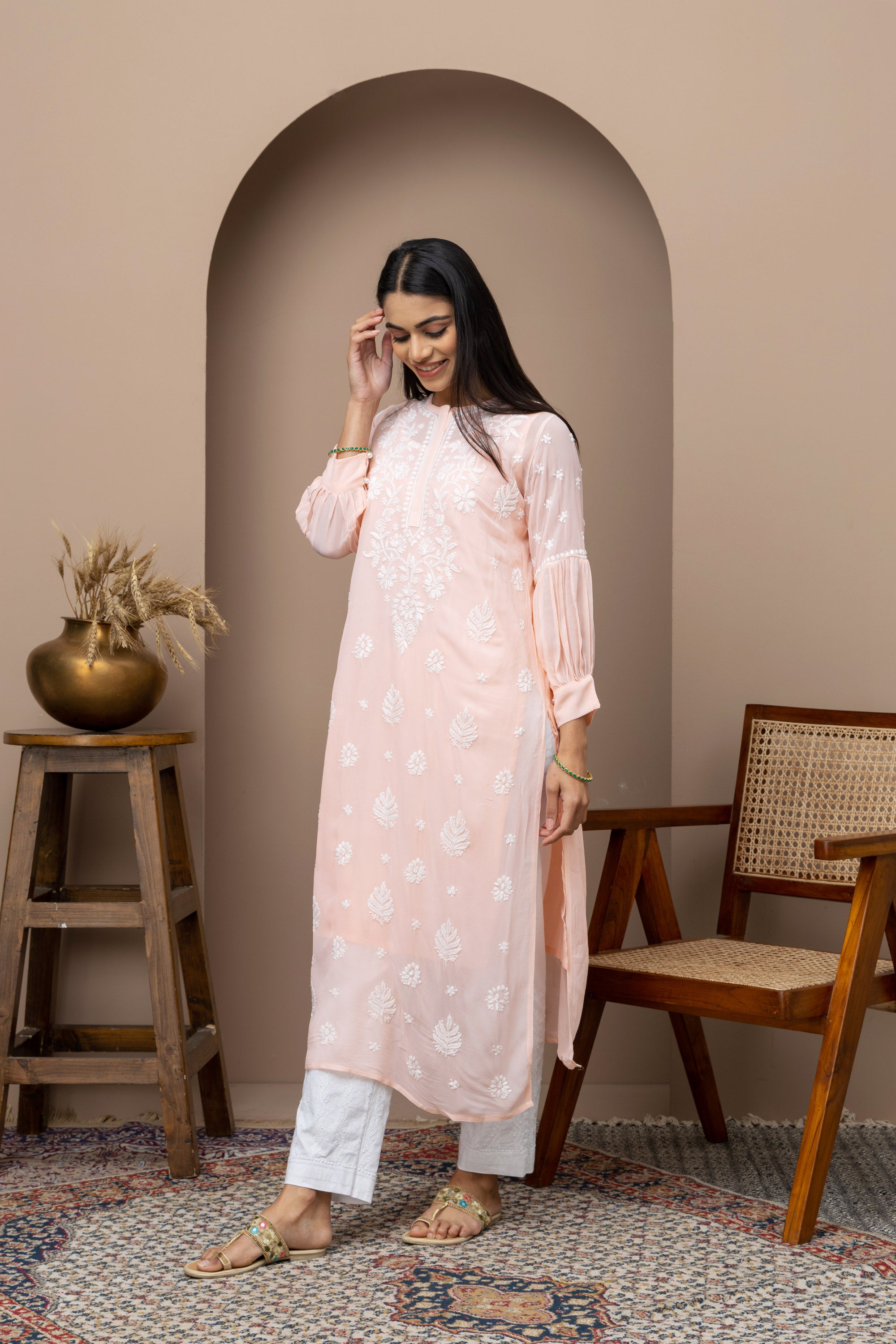 Peach Loop Kurti with Chikankari – Elegant Handcrafted Design