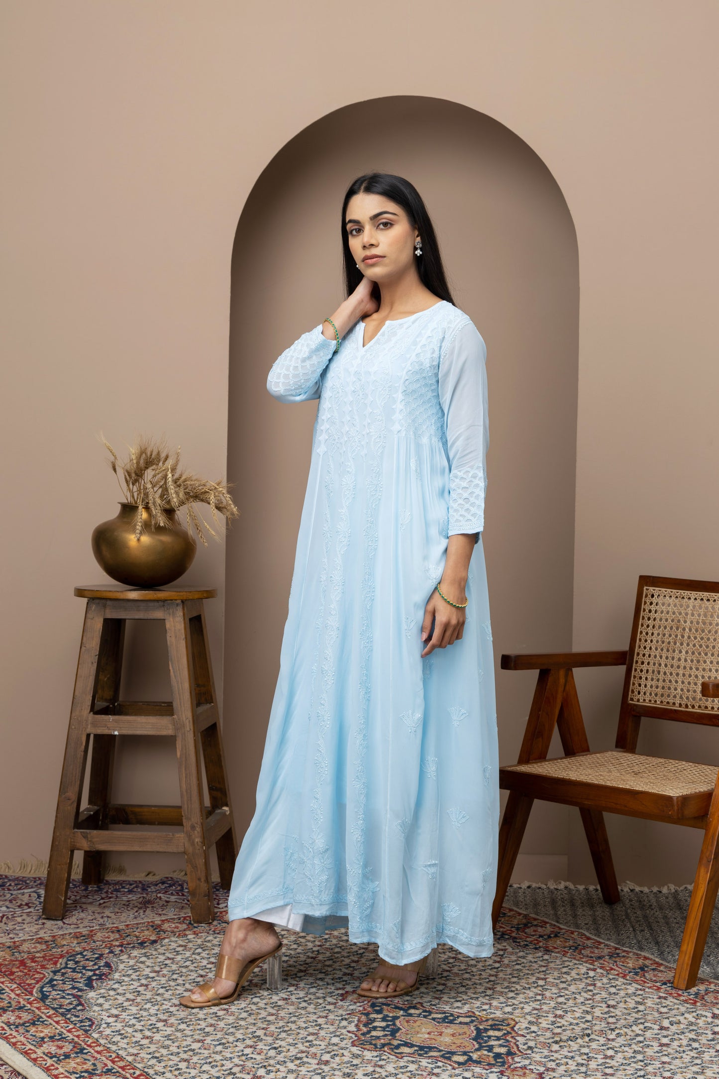 Georgette blue dress with slip+chikankari