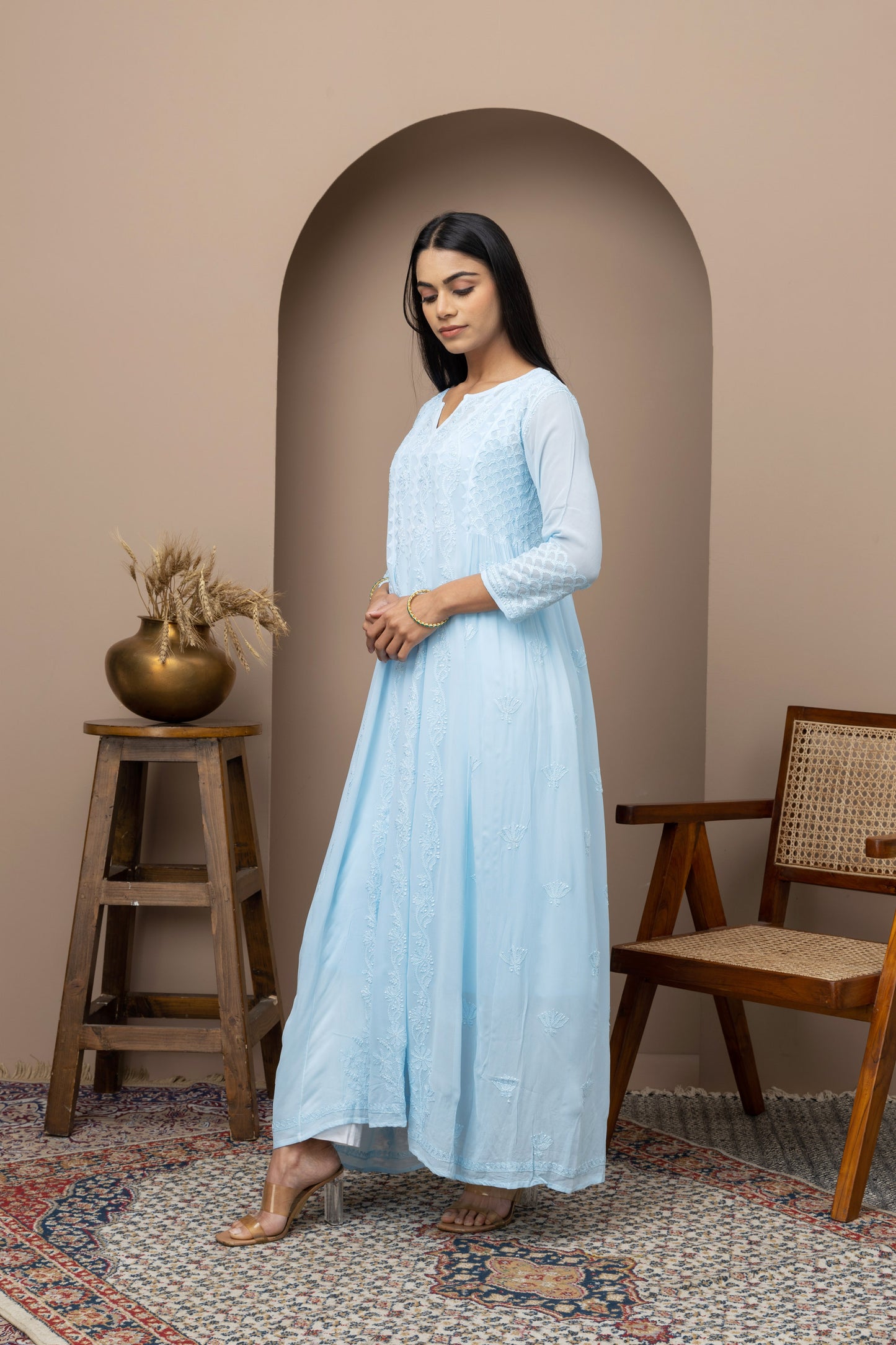 Georgette blue dress with slip+chikankari