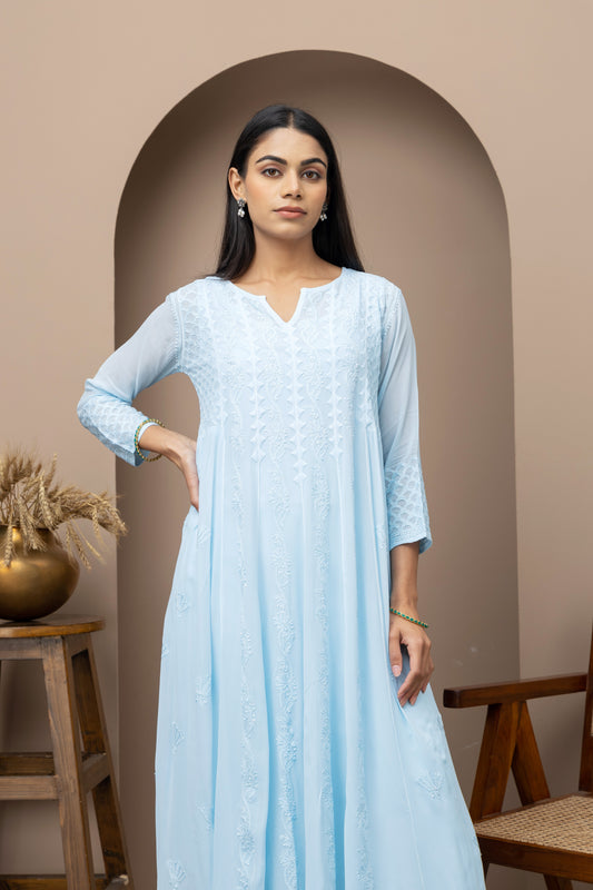 Georgette blue dress with slip+chikankari