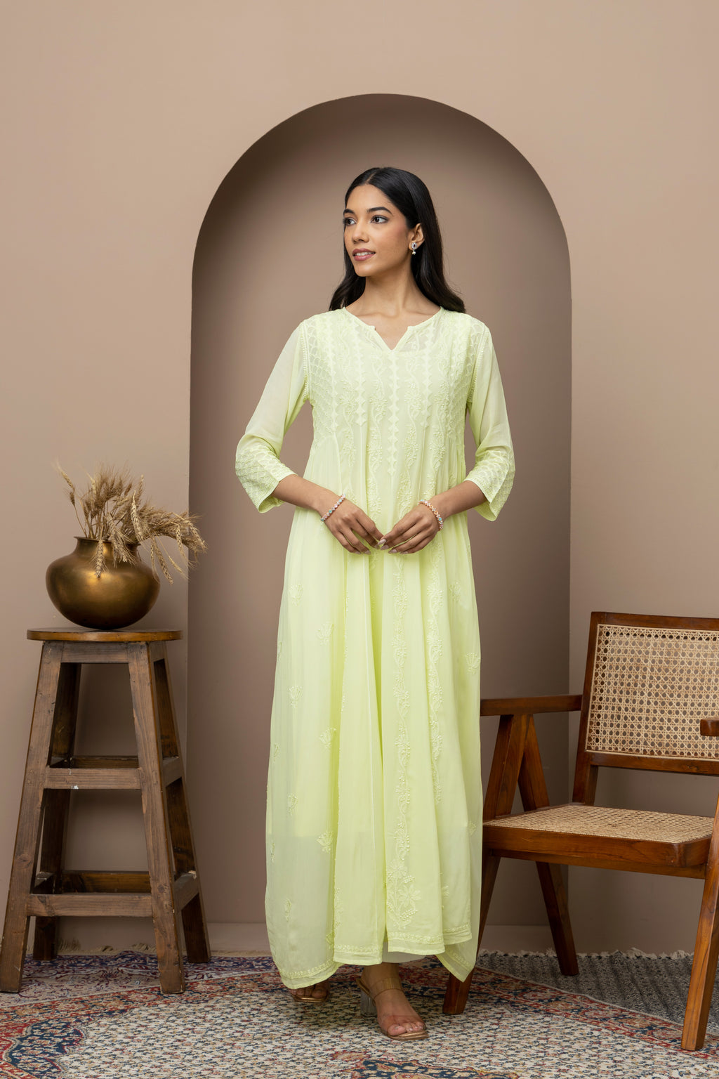 green long dress+chikankari