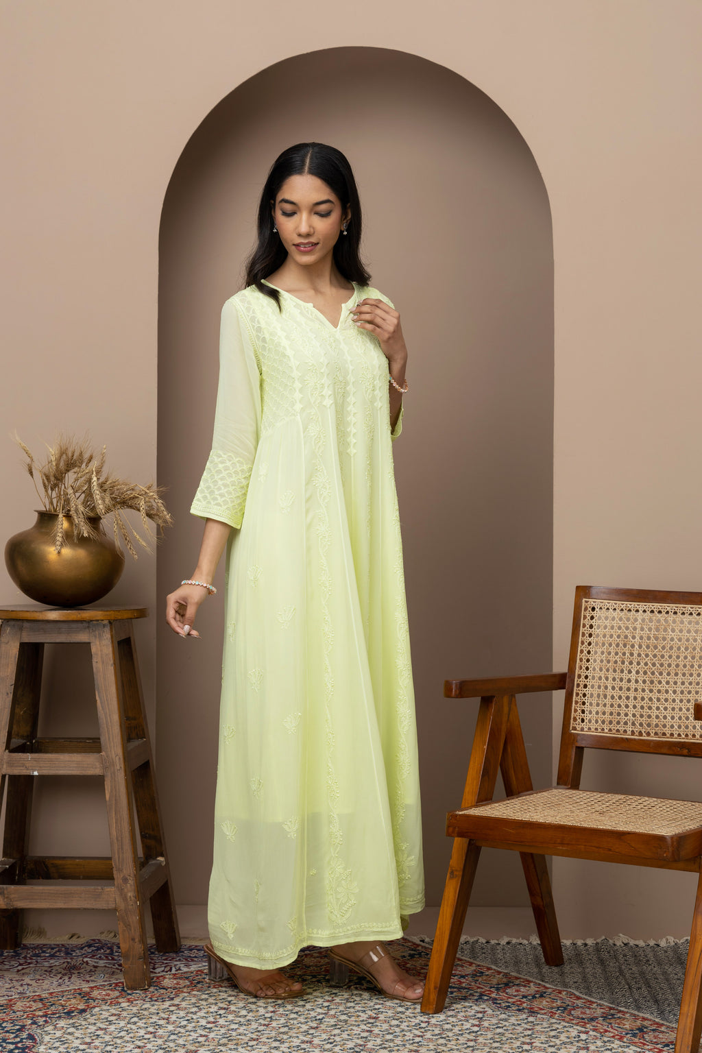 green long dress+chikankari