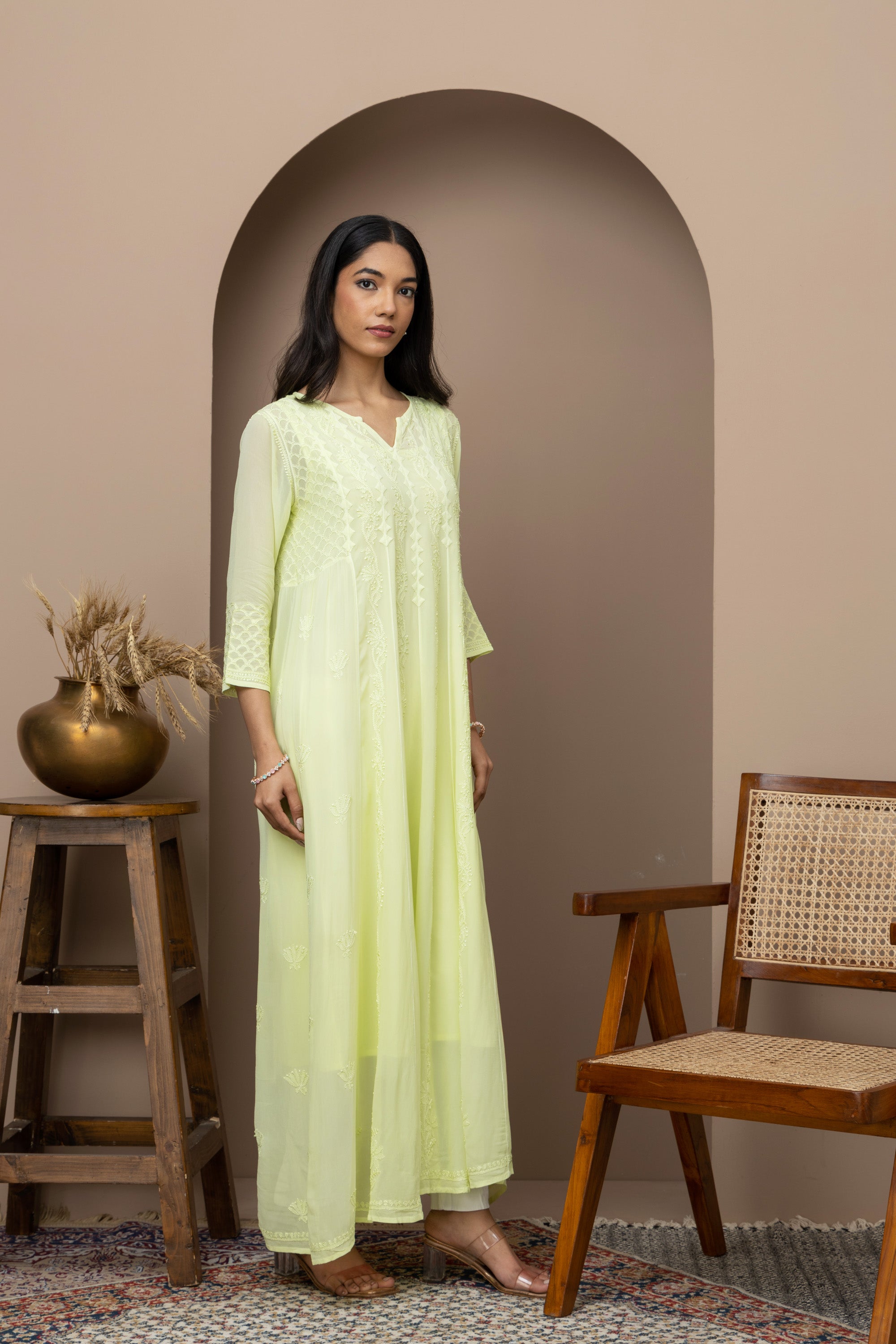 green long dress+chikankari