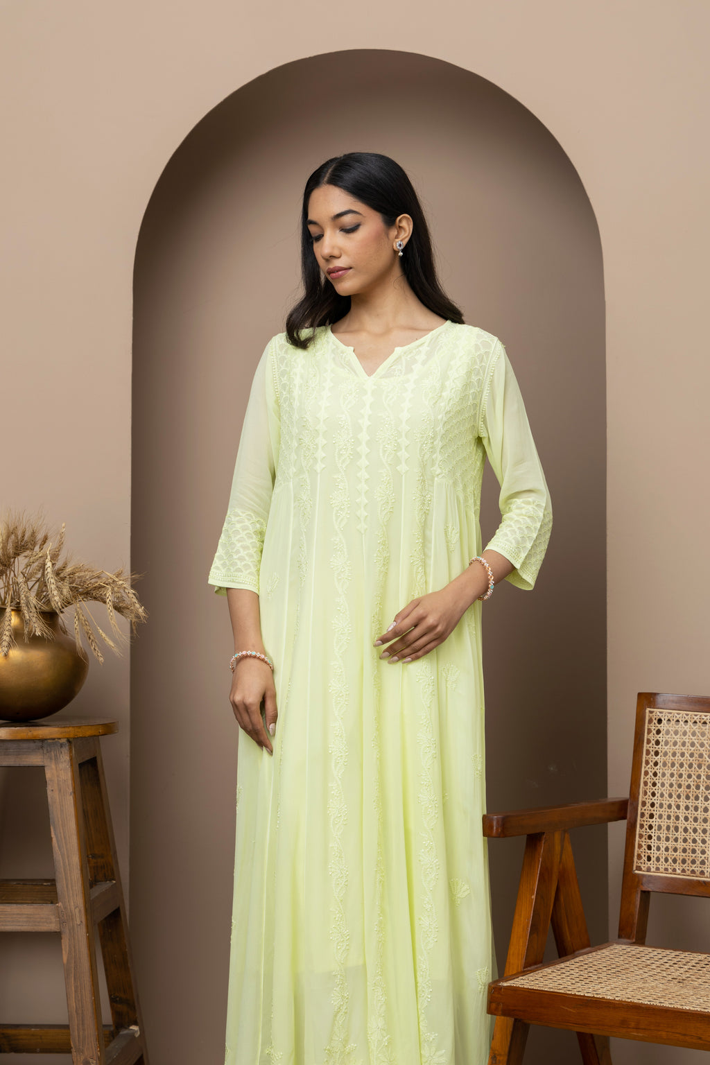 green long dress+chikankari